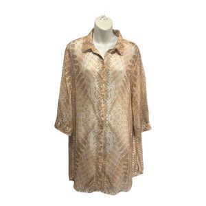 Chico’s  Beige Tan Sheer Chiffon Swirl Half Sleeve Tunic Top. Sz Lg or 2
